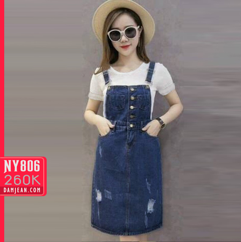 ĐẦM JEAN YẾM 2 DÂY CÀI NÚT TRƯỚC